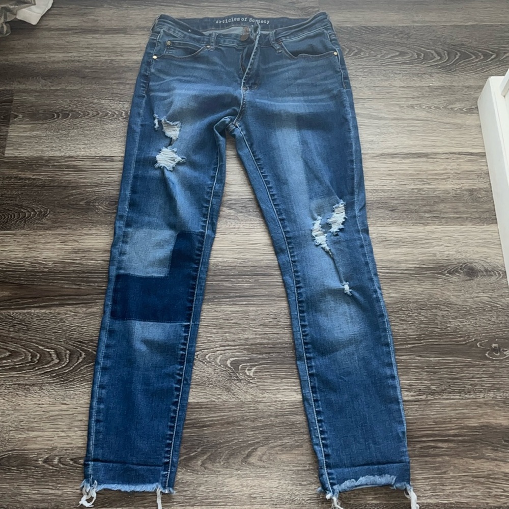 Articles Of Society Women’s Jeans Sz 28 Blue Patchwork Denim Distressed EUC